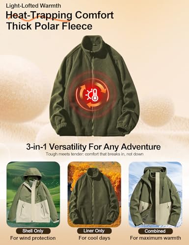 Venzina® Men's 3-in-1 Outdoor Hiking Jacket, Lightweight Windproof Waterproof Jacket with Detachable Fleece Liner for Winter Sports, Camping, Travel, Army Green-M