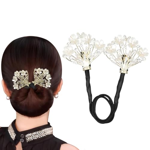 PALAY Juda Hair Bun Accessories for Women, Quick Bun Maker for Hair, Medium Thick Hair Bun Clips for Women, White Floral Rhinestone Hair Style Accessories Twist Bun Clips for Hair for Daily, Party