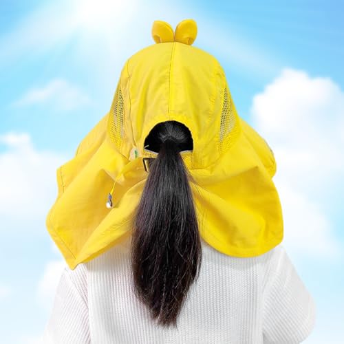SNOWIE SOFT® Kids Sun Hat Cartoon Yellow Wide Brim for Girls Breathable Mesh Visor with Neck Flap Summer Windproof Beach Adjustable Chin Strap Design 2 PCS