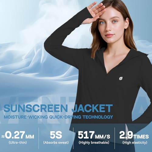 Venzina® Women's UPF 50+ Athletic Jacket Long Sleeve Lightweight Sunscreen Protective Clothing UV Sun Protection Full Zip Cooling Hoodie for Women for Outdoor Hiking, Black-2, M