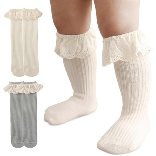 SNOWIE SOFT 2Pcs Baby Socks Newborn Girls Soft Cotton Baby Socks Knee-high Baby Socks Leggings Infants Cotton Warm Socks Cute Baby Socks Shower Gift for 0-1 Baby Girls