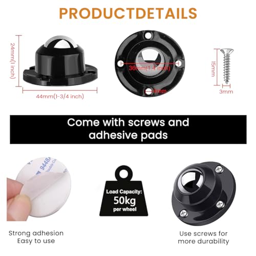 HASTHIP® 24PCS Caster Wheel Self Adhesive 360 Swivel Wheels for Furniture Small Appliance DIY Modification Moving Table Heavy Duty 400Kg Loading Capacity