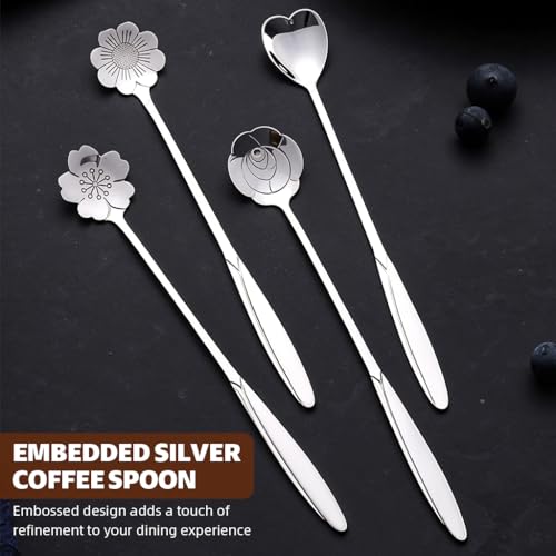 HASTHIP® 8PCS Silver Stainless Steel Coffee Spoon Set 18cm Gold Flower Design Multipurpose Tableware for Kitchen Tea Desserts and Gifting