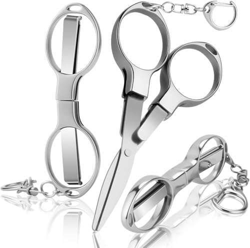 OFIFO® 3 Pcs Folding Stainless Steel Portable Mini Badge Scissors with 3 Keychains, Safety Foldable Pocket Travel Small Scissors All Purpose for Nurse Accessories, Travel, Office, Craft, Sewing-Silver