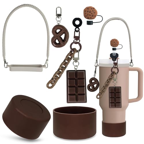 HASTHIP® for Stanley Cup Accessories & Charm Kit Set of 6Pcs Accessories Sakura Silicone Straw Cap, White Pearl Chain Handle, Bottom Sleeve (Cup NOT Included)-Bronze