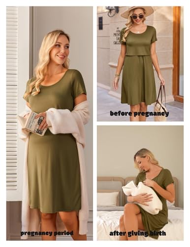 SANNIDHI® Women's Nursing Dress Summer Short Sleeve Patchwork Maternity Breastfeeding Knee Length Dress Green XL