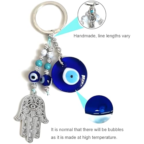 SANNIDHI® Bag Charms Evil Eyes Keychains Blue Beads Palm Pendant Keyring Silver Metal Acrylic Bag Charm for Handbags Good Luck Gift Key Chain for Girls Women