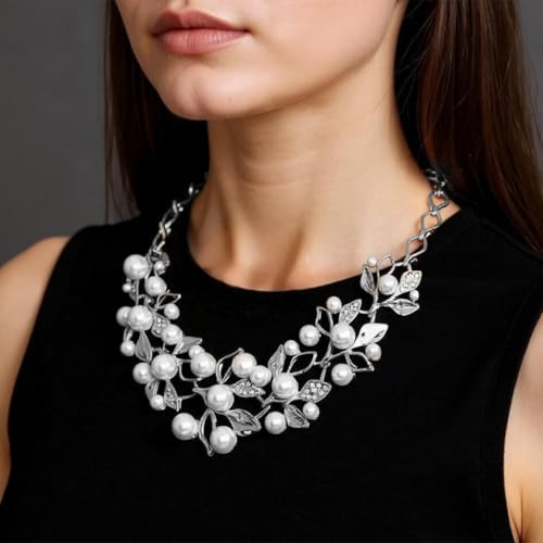 ZIBUYU® Necklace & Ear Studs Combo Set Floral Pearl Necklace Ear Studs Bold Sparkling Rhinestone Embellishment Alloy Chain Necklace Women Jewelry Gift Set