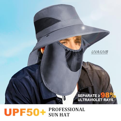 GUSTAVE® Sun Hat Wide Brim Hiking UV Protection with Neck Flap Removable Face Cover Outdoor Unisex Chin Strap Breathable for Fishing Gardening Grey 3 PCS