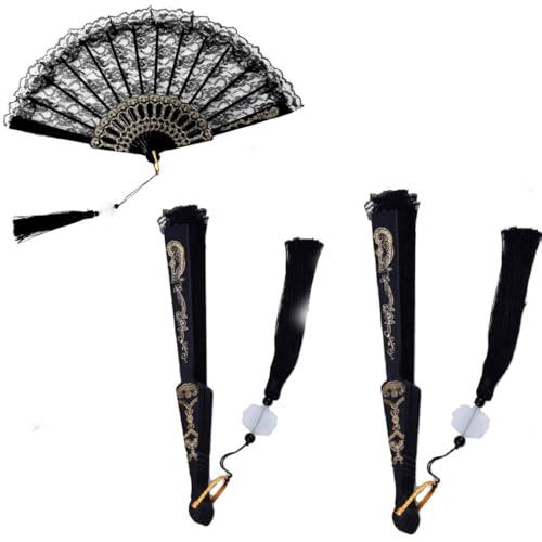 HASTHIP® 2PCS Chinese Hand Fan Black Lace Folding Fan with Tassel, Elegant Bamboo Frame, Vintage Cooling Accessory for Women, Portable Gift for Parties, Dances, Weddings, Purse-Sized, Lightweight