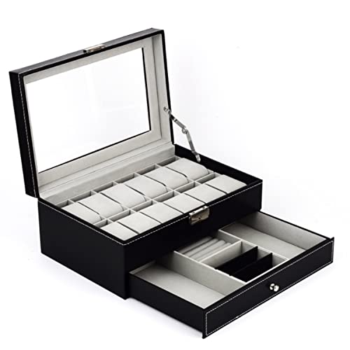 HASTHIP® 12 Slot Black Lockable Watch Storage Box, Men & Women Jewelry Display Drawer Case, 2-Tier Watch Case with Glass Lid & Metal Lock for Sunglasses Rings Watch Jewelry (No Watch)