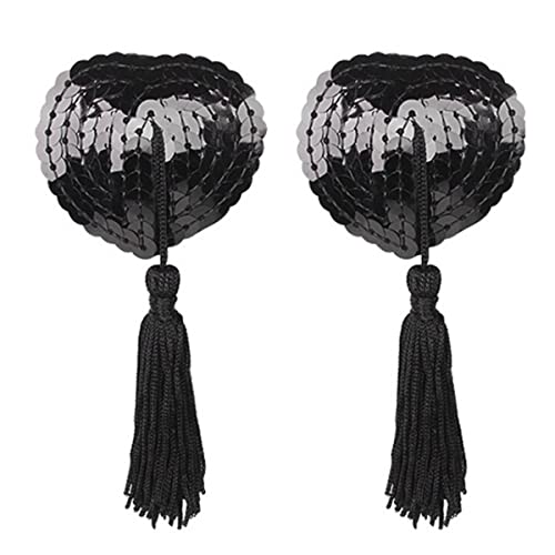 PALAY® Nipple Cover Pasties Silicone Sequin Tassel Bra Reusable Romantic Adhesive Heart Nipple Pasties with Tassel for Lady Women (Black, One Pair)