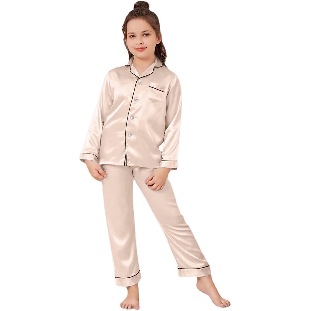 PALAY® Girls Satin Pyjamas Sets Girls Boys Long Sleeve Button-Down Pjs Set 2PCs Silky Nightwear Sleepwear for 3-13Years, Champagne - 140