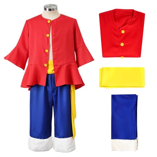 PATPAT® Anime Cosplay Costume for Kids Set of 3Pcs Monkey D Luffy Cosplay Clothes Includes Suits Shirt, Pants & Waist Band Classic Luffy Costume Suit Birthday Halloween Party Costume