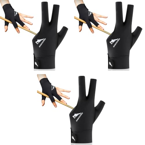 Proberos® 3PCS Snooker Pool Billiard Glove, Left Hand Billiard Glove, Single Hand Professional Snooker Glove, Breathable Snooker Glove, 3 Fingers Anti-Slip Patch Design with Adjustable Wrist Strap
