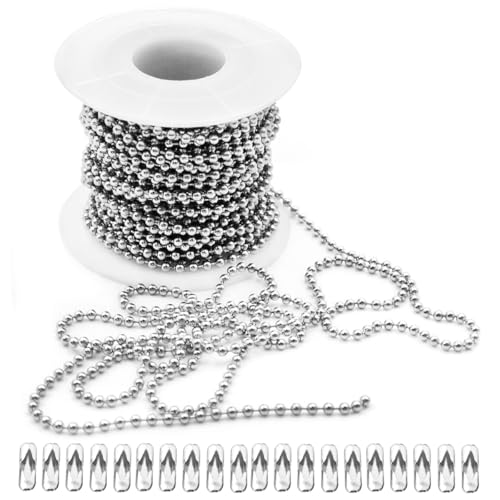 SANNIDHI® 10.94ft Bead Chain for DIY Charms 2.0mm Stainless Steel Ball Bead Chain with 20Pcs Clasp Customized DIY Bead Chain for Charms, Keychains, Pendents, Craftings
