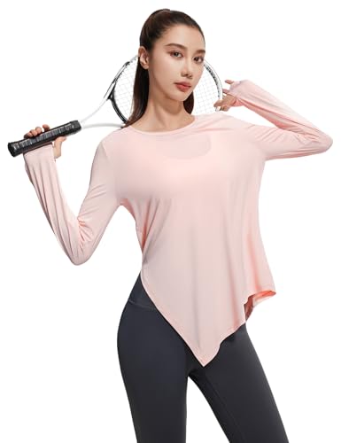 Venzina® Women's Long Sleeve Workout Top with Thumbholes, Asymmetrical Hem, Quick Dry Athletic Shirt, Lightweight Loose Fit Yoga Running Tee, Light Pink-S