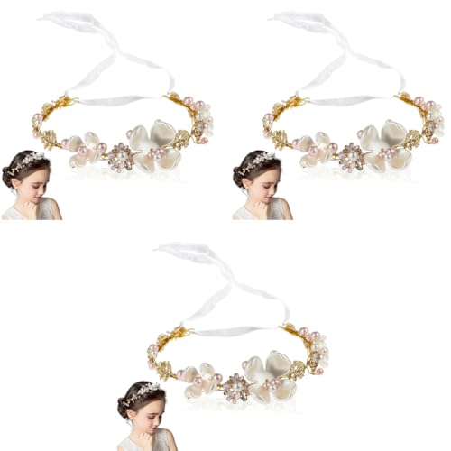 SANNIDHI® Flower Tiara for Girls Kids Pearl Hairband Crown for 6 Years Old Stylish Wedding Hair Accessories Gold Metal Princess Headpiece for Women Bridal Dress Up 3 PCS