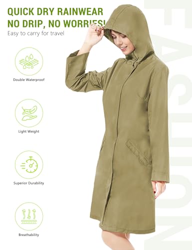 Venzina® Raincoat for Women High Waterproof Hooded Rain Jacket Zip-up Rain Coat Knee-length Lightweight Rainwear Outdoor Rain Coat with Storage Pouch, Stylish Rain Coat, One Size