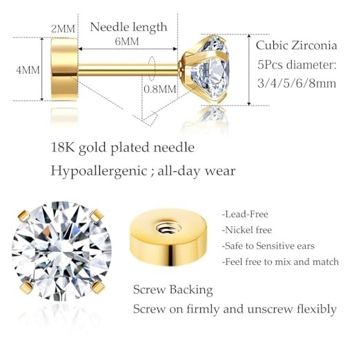SANNIDHI® 5 Pairs Earrings for Women Flat Back Gold Cartilage Stud Cubic Zirconia 316L Stainless Steel Hypoallergenic Nickel-Free 3 4 5 6 8mm 3 PCS