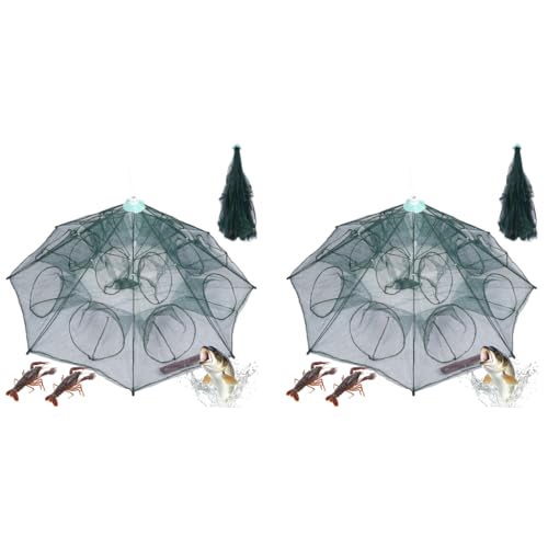 Proberos® Fishing Net Foldable with Reinforced Ribs 24 Holes Automatic Fish Trap Portable Nylon Lobster Crab Trap Cage Basket Tool for Fishing 12 Sides 2 PCS