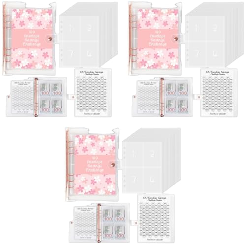 HASTHIP® Envelopes Challenge Binder with Laminated 5050 Tracker Sheet Pre-Numbered Pockets 3PCS