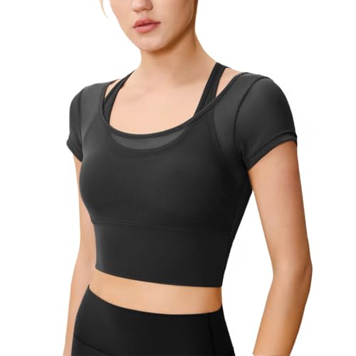 SANNIDHI® Women's 2 in 1 Long Sleeve Mesh Yoga Top with Built-In Medium Support Padded Sports Bra, Black, Breathable Gym Workout Shirt, Athletic Activewear for Yoga, Pilates, Fitness, XL
