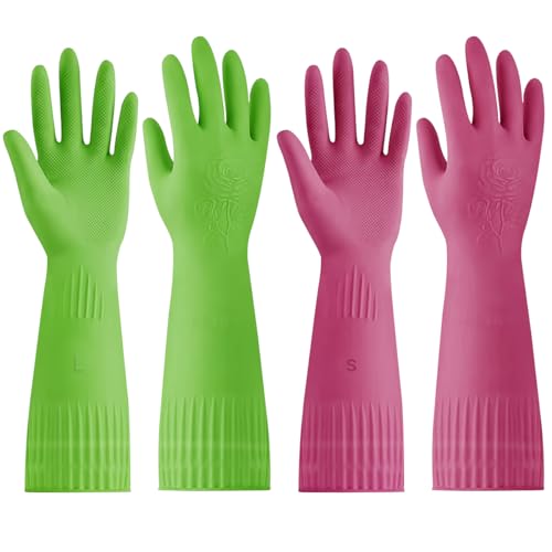 Supvox® 2 Pairs Reusable Rubber Hand Gloves, Long Elbow Hand Gloves for Cleaning, Gardening, Laundry Sanitation Home Kitchen Cleaning Gloves/Dish Washing Gloves (Green, Pink)