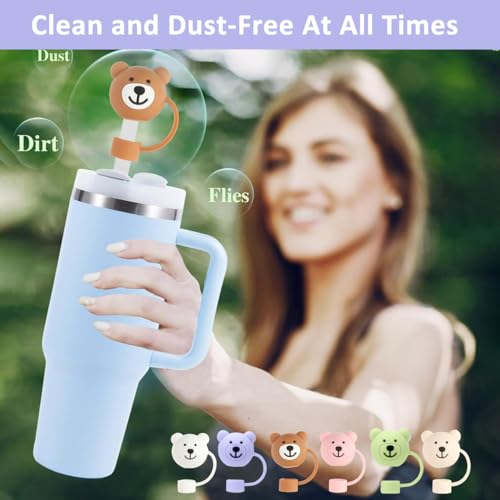 ZIBUYU® 12PCS Silicone Straw Covers for Stanley Cup 40oz Tumblers Cute Bear Caps Universal 9mm 10mm Fit Dust Proof Leak Proof Colorful Tumbler Accessories