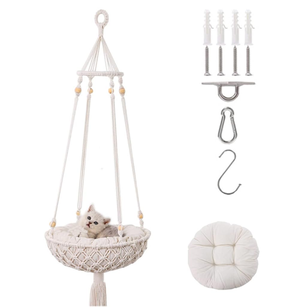 Qpets Ceiling Chair for Cat with Soft Cushion and 47.2 in Hanging Design | Boho Woven Bed