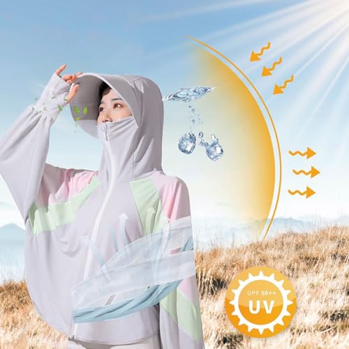 PALAY® Woman Sun Protection Hoodie Jacket Lightweight UPE50 Sun Blocking Coat with Pocket Long Sleeve Shirt Hiking Outdoor Face Mask 3 PCS