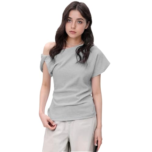 SANNIDHI® Womens Summer Off Shoulder Tops Casual Loose Waffle Knit Short Sleeve Lightweight Solid Color Blouses Short Sleeve T Shirts One Shoulder Tops Trendy Sexy Cute Tunic Tee, L