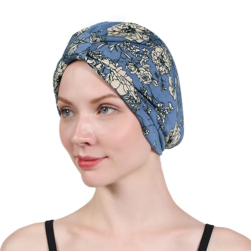 SANNIDHI® Chemo Caps for Women Cotton Head Scarf Floral Print Cancer Headwrap Soft Turban Beanie Skull Cover Satin Liner Blue 2PCS