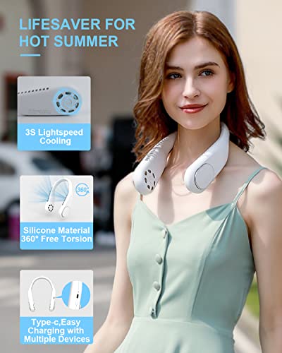 HASTHIP® Portable Neck Fan Bladeless, 4000mAh Hands-Free USB Rechargeable Fan with 3 Speeds Change & 360° Twist, Lightweight Silicone Neck Cooling Fan for Travel, Walking, Commuting, Indoor Use, White