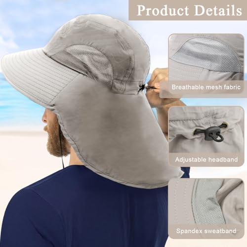 Proberos® Sun Hat UPF50+ Wide Brim with Neck Flap Chin Strap Breathable Mesh Lightweight Foldable UV Cap for Men Women Perfect Hiking Fishing Gardening Travel Beach 3PCS