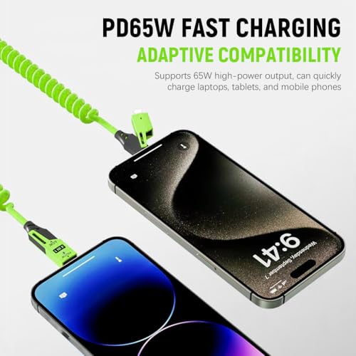 Verilux® 4 in1 Type C Cable with Spring PD65W Fast Charging 480Mbps Data Transfer USB to Multi Adjustable Light-ning Port for iPhone 16 15 Green 2PCS