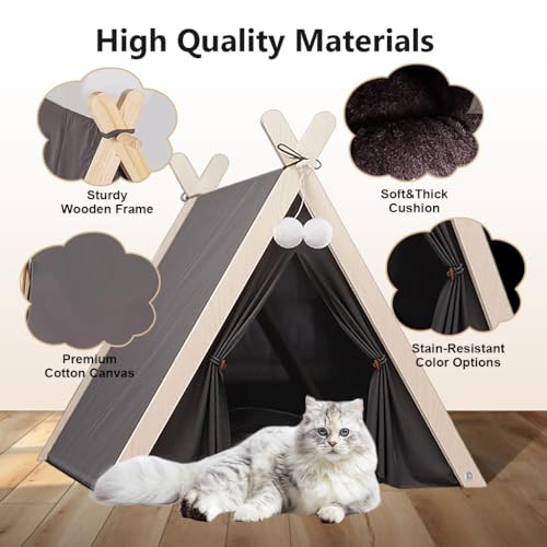 Qpets® Warm Cat House Cat Bed, Closed Pet Cat Dog Bed House Delivery Room, Luxury Cotton Pet Teepee Tent with Thick Cushion & Pine Wood Poles Indoor/Outdoor Pet Box