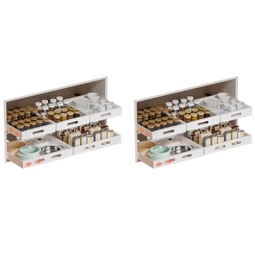 HASTHIP® Pull Out Cabinet Organizer 34-50cm Adaptable Width Design Carbon Steel Kitchen Closet Sliding Drawer No Drill Adhesive Integrated Rail 12.5cm x 34-50cm 2PCS