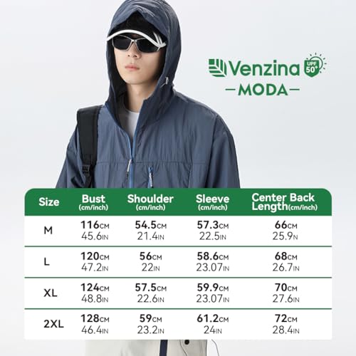 Venzina® Men's Lightweight Athletic Jacket Stylish UPF 50+ Sun Protection Top Quick Dry Full Zip Hoodie with Back Air Vent & Chest Zip Pocket, Waterproof UV Workout Coat for Outdoor, Navy Blue, 2XL
