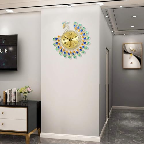 HASTHIP 15 Inch Golden Peacock Metal Art Clock for Home Décor - Silent Non-Ticking Retro Roman Wall Clock for Living Room, Bedroom, Office, Battery Operated (Without Battery)