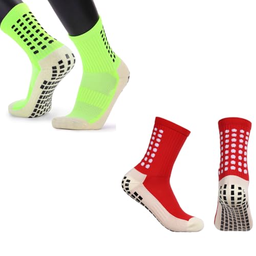 Proberos® Unisex Down Red & Hi-Tech Green Athletic Socks Combo for Badminton, Football, Running, Gym, Indoor Training, Cushioned High Ankle, Anti-Slip, Calf Length, Rubber Grip