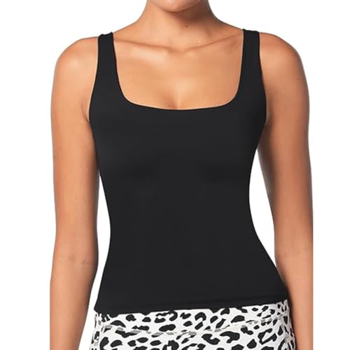 SANNIDHI® Womens Tank Top with Built-in Bra, Traceless Silky Base Layer, Stretchy Breathable Slim Fit Camisole Undergarment, Black, S