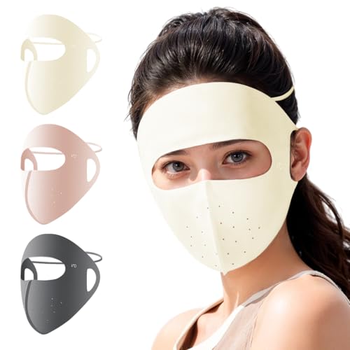 SANNIDHI® 3Pcs Full Face Mask for Sun Protection, 3D Face Cover for Women, UPF 50+ Summer Face Mask for Women, Breathable Ice Silk Cooling Sun UV Face Mask for Biking, Driving (Reusable)