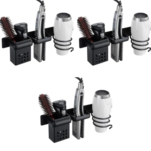 HASTHIP® 3 in 1 Hair Dryer Stand for Wall Mounted Rack Blow Holder Styling Care Tool Organizer Storage Basket with Plug Hook Black 3PCS
