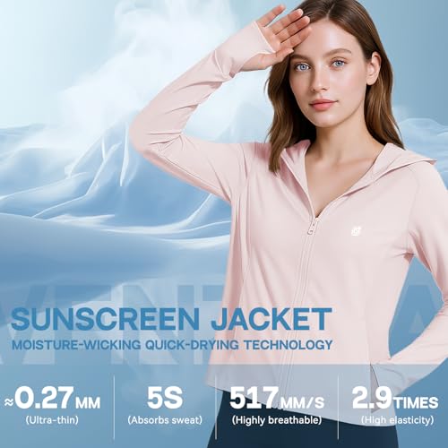 Venzina® Women's UPF 50+ Lightweight Athletic Jacket Long Sleeve Sunscreen Protective Clothing UV Sun Protection Full Zip Cooling Hoodie for Women for Outdoor Hiking, Pink-2, M