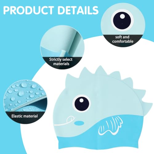 Proberos® Kids Swimming Cap Silicone with Nose Clip Earplugs Blue Cartoon Dinosaur Stretchy Comfortable Swim for Boys Girls Age 3-12 3 PCS