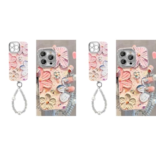 ZORBES® for iPhone 16 Pro Max Cover Case 3D Flower Oil Painting Cute Colorful Girls Women Full Camera Protection Shockproof Glossy Back with Wrist Strap 2PCS