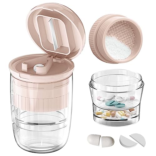 HANNEA® Pill Box with Tablet Cutter and Grinder Travel Pill Cutter with Drinking Cup 4 in 1 Tablet Cutter with Two Built-in Pill Box for Large Pills, Vitamins, Cod Liver Oil, Supplements, Medication