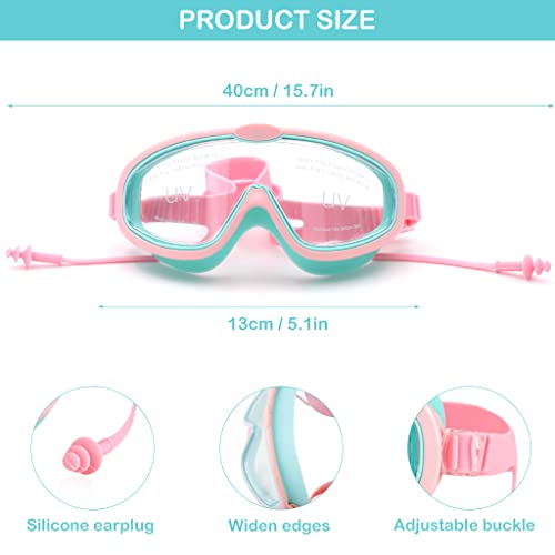 Proberos® Swimming Goggles for Kids with Ear Plugs, Big Frame Leakproof Swimming Goggles for Children Kids, Professional Swim Goggles with Anti Fog and UV Protection for Boys Girls for Age 2-16(Pink)