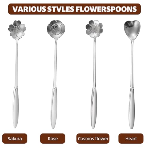 HASTHIP® 8PCS Silver Stainless Steel Coffee Spoon Set 18cm Gold Flower Design Multipurpose Tableware for Kitchen Tea Desserts and Gifting